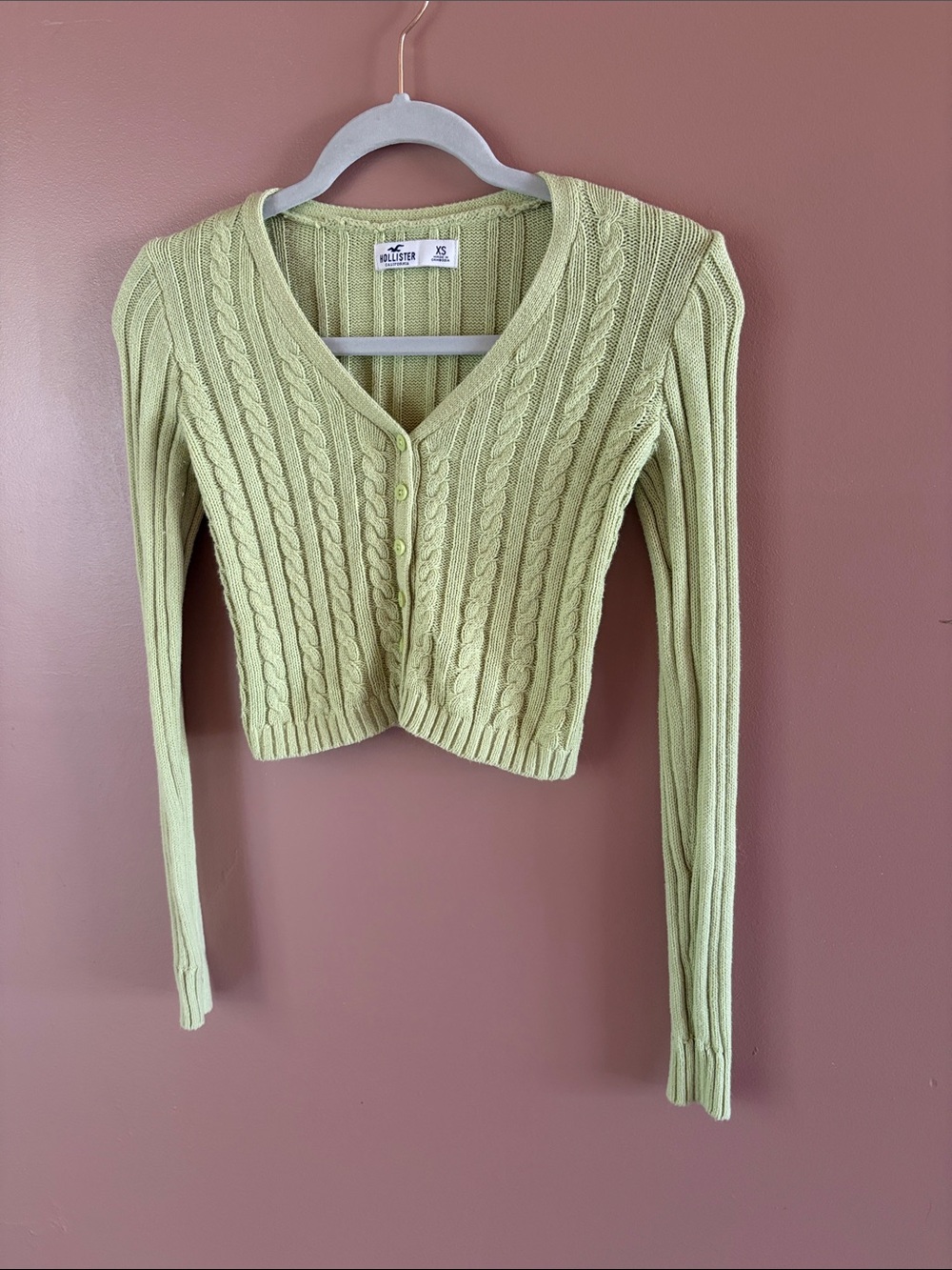 Hollister Light Green Cable Knit V-Neck Cropped Cardigan